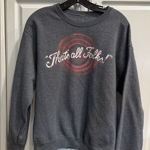 Looney Tunes “That’s All Folks” Graphic Heather Gray Sweater 22.5” pit to pit.